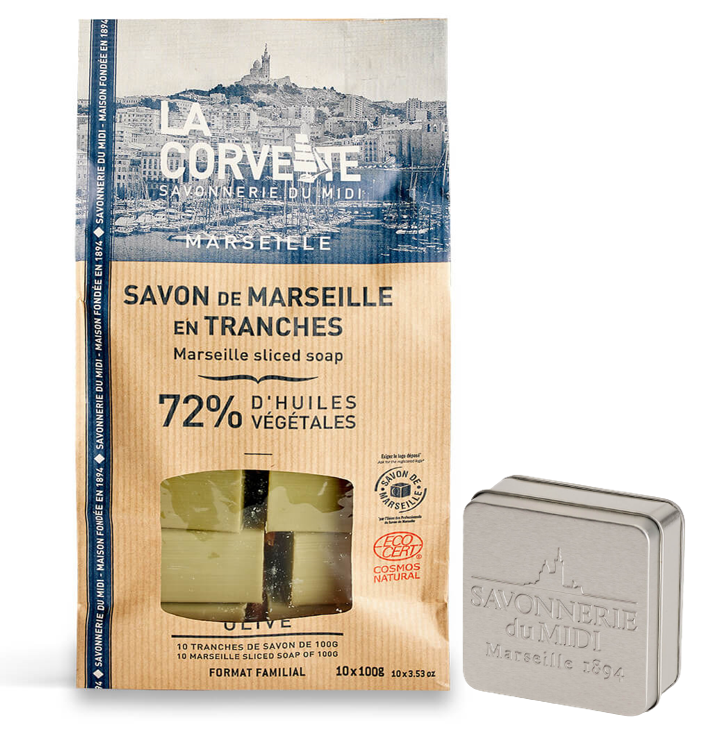 Марсельское оливковое мыло в мешке и брендированная мыльница La Corvette